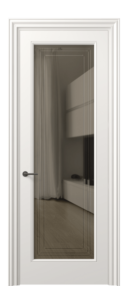 Межкомнатная дверь Mascot 8400 Матовый пудровый белый Прозрачное бронзовое стекло с гравировкой "Грани", триплекс Цена 86620 ₽ | Volhovec