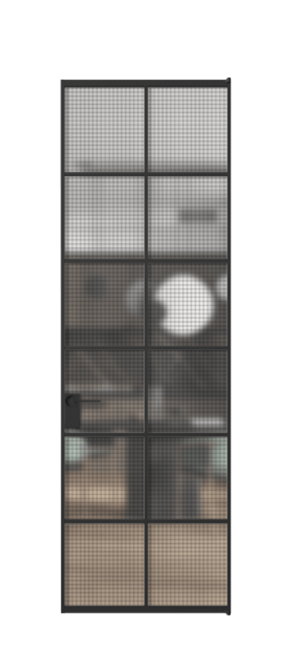 Алюминиевая дверь АЛПЛ040.05 Алюминий Черный Декоративное стекло с сеткой "Mesh silver", триплекс, 6 мм Цена 151290  | Volhovec