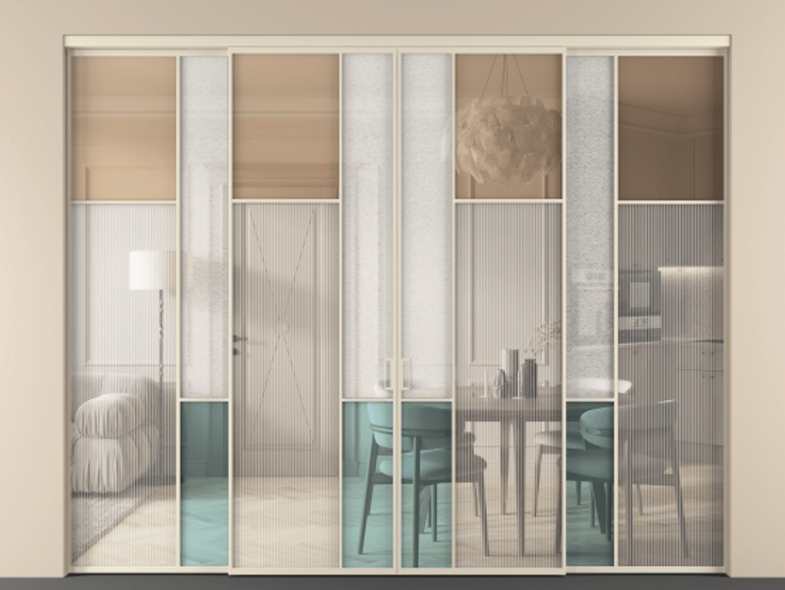 Перегородка Mosaic внутри проёма 4 створки АЛПР 041.11 Алюминий бежево-серый Комбинация стекол Группы 1 и Группы 3 Цена 25300 AZE | Volhovec