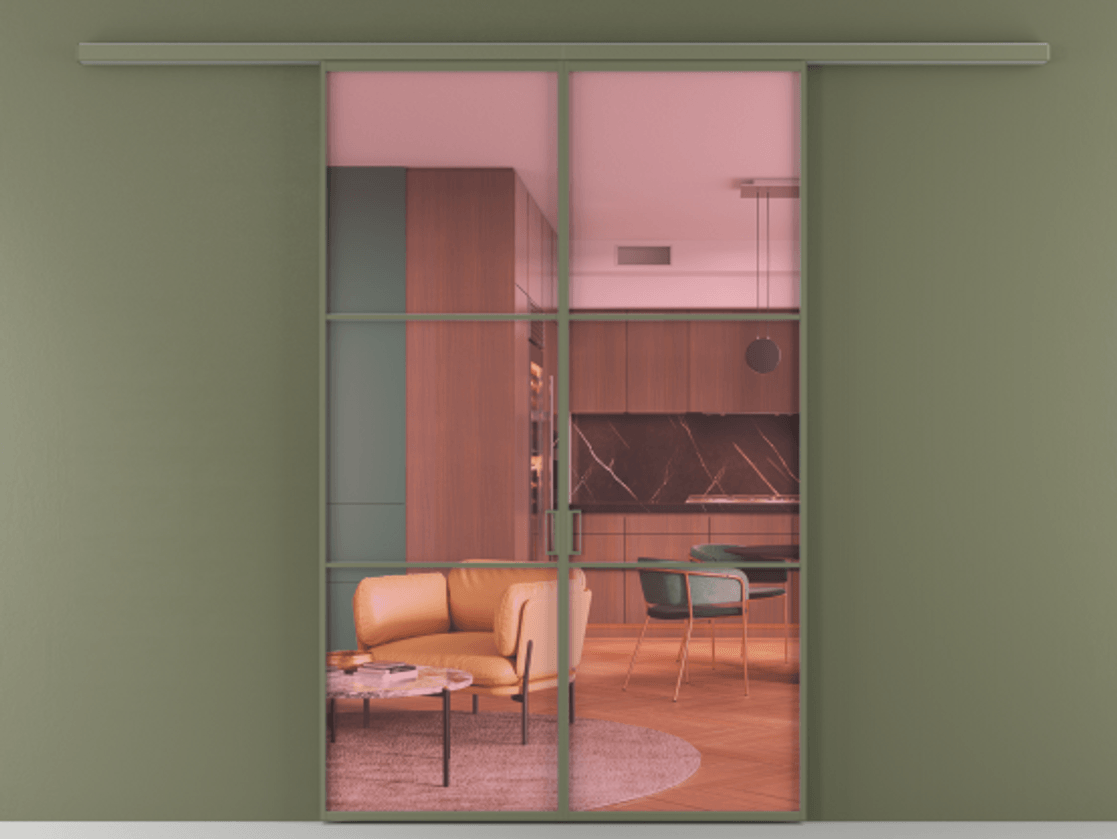 Перегородка Формато вдоль стены 2 створки АЛПР 040.03 Алюминий оливковый тёмный Прозрачное розовое стекло, триплекс Цена 213110 ₽ | Volhovec