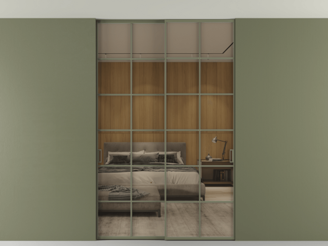 Перегородка Formato внутри проёма двустворчатая со скрытым креплением в потолок АЛПР 040.05 Алюминий оливковый тёмный Рефлективное бронзовое стекло "Stopsol", калёное, 6 мм.  Цена 320400 ₽ 1. Полотно 2 шт. (800/2100 мм)
 2. Комплект установки раздвижной системы
 3. Базовый комплект фурнитуры
4. Ручка RONDO. Фабрика дверей Волховец 8 (800) 551 43 19  Перегородка Formato внутри проёма двустворчатая со скрытым креплением в потолок АЛПР 040.05 Алюминий оливковый тёмный Рефлективное бронзовое стекло "Stopsol", калёное, 6 мм Цена 320400 ₽ | Volhovec