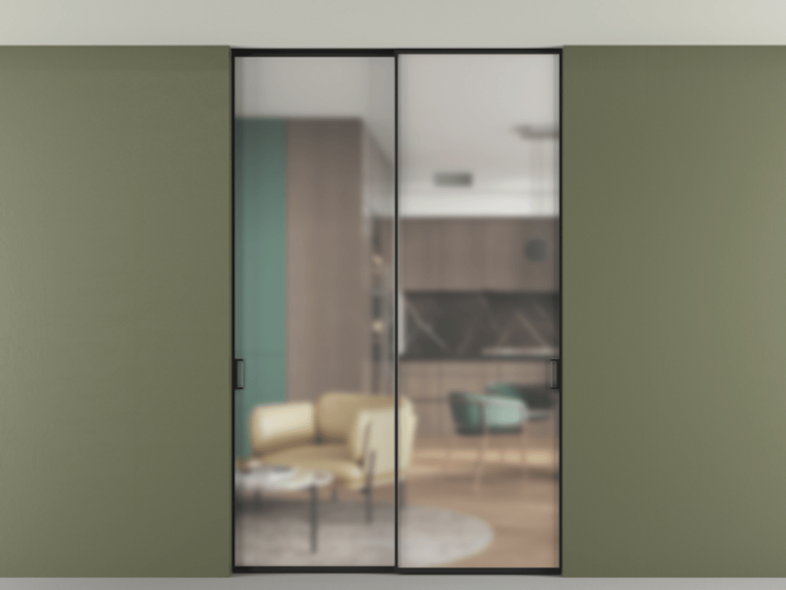 Перегородка Formato внутри проёма двустворчатая со скрытым креплением в потолок АЛПР 040.01 Алюминий Черный Сатинированное стекло "Matelux Crystal Vision", калёное, 6 мм, матовое, каленое 6 мм Цена 284130 ₽ | Volhovec