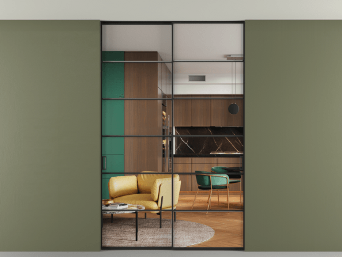 Перегородка Формато внутри проёма скрытое крепление в потолок 2 створки АЛПР 040.04 Алюминий Черный Прозрачное стекло "Кристал Вижн", калёное Цена 289760 ₽ | Volhovec