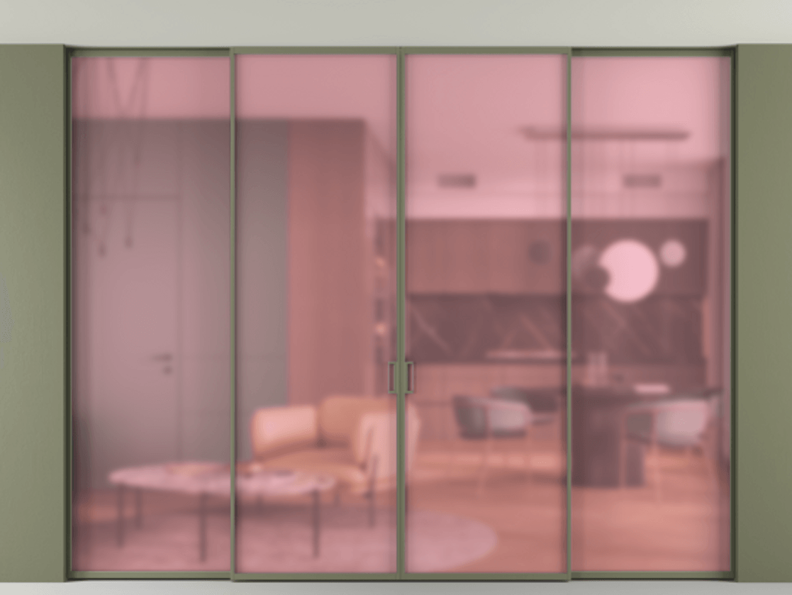 Перегородка Formato внутри проёма четырёхстворчатая со скрытым креплением в потолок АЛПР 040.01 Алюминий оливковый тёмный Сатинированное розовое стекло, триплекс, 6мм Цена 470680 ₽ | Volhovec