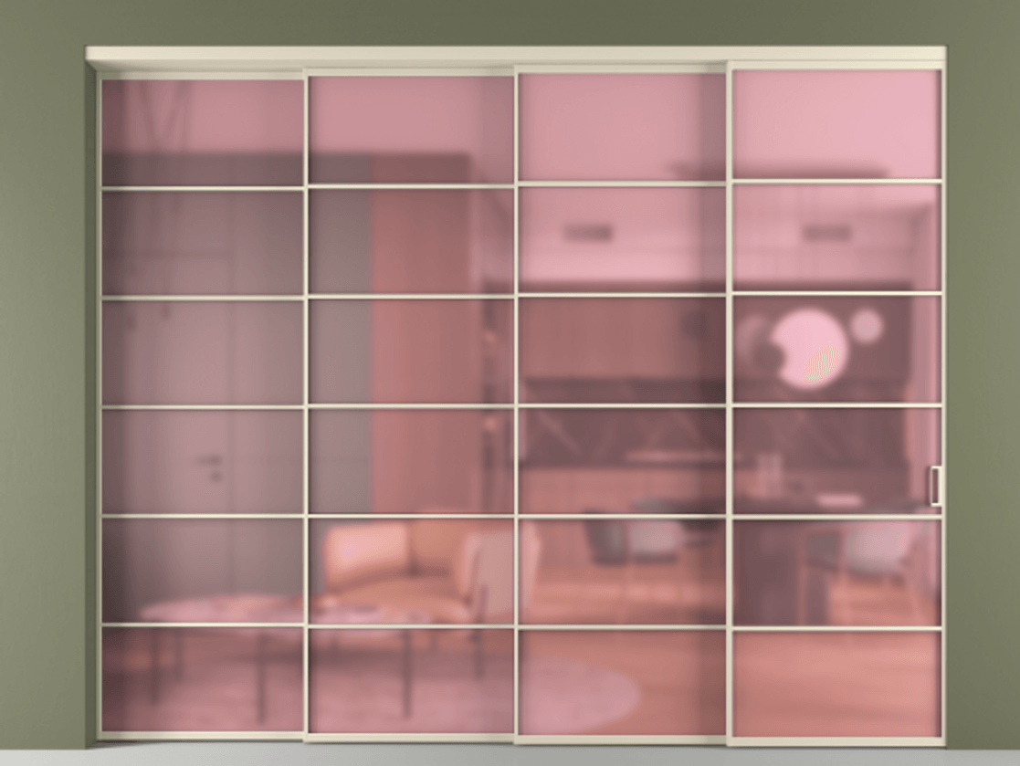 Перегородка Formato внутри проёма 4 створки с синхронным механизмом АЛПР 040.04 Алюминий бежево-серый Сатинированное розовое стекло, триплекс Цена 28900 AZE | Volhovec