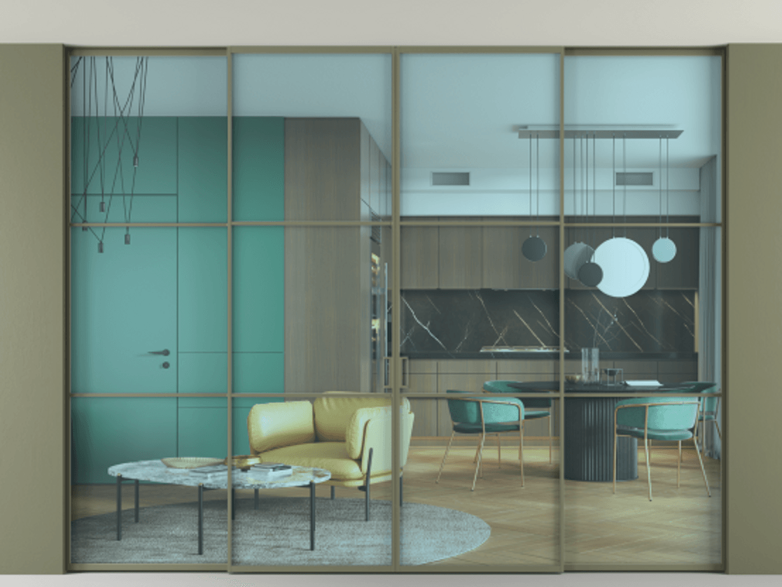 Перегородка Формато внутри проёма скрытое крепление в потолок 4 створки АЛПР 040.03 Алюминий оливковый тёмный Прозрачное голубое стекло, триплекс Цена 479910 ₽ | Volhovec