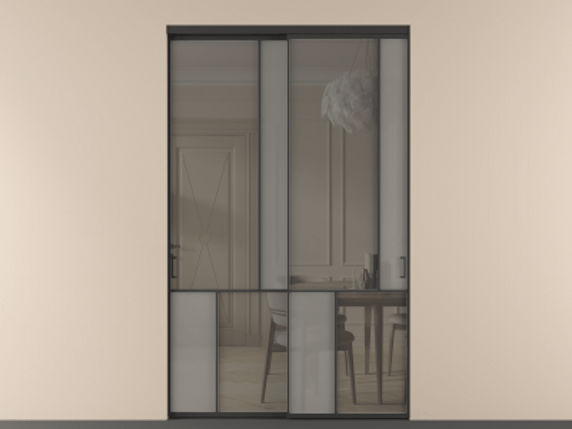 Перегородка Мозаик внутри проёма 2 створки АЛПР 041.21 Алюминий Черный Сатинированное серое стекло, триплекс, 6 мм + Прозрачное серое стекло, триплекс Цена 494110 ₽ | Volhovec