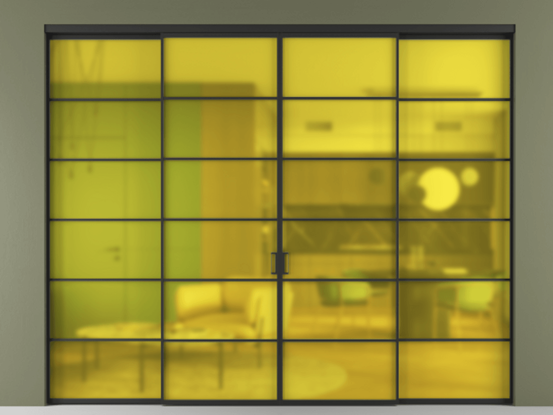 Перегородка Formato внутри проёма четырёхстворчатая АЛПР 040.04 Алюминий Черный Сатинированное жёлтое стекло, триплекс, 6мм Цена 387200 ₽  | Volhovec