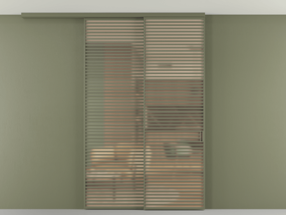 Перегородка Формато вдоль стены на потолок 2 створки с синхронным механизмом АЛПР 040.07 Алюминий оливковый тёмный Сатинированное оранжевое стекло, триплекс Цена 472980 ₽ | Volhovec