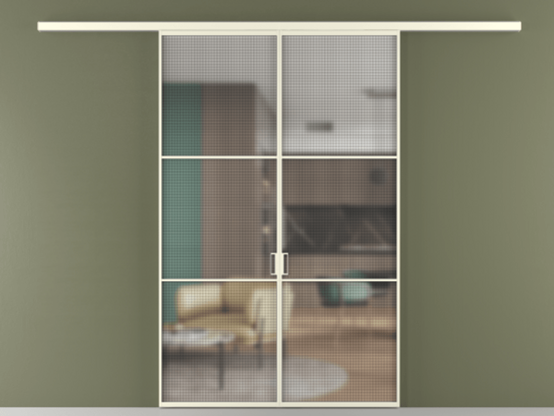 Перегородка Formato вдоль стены 2 створки АЛПР 040.03 Алюминий молочно-белый Декоративное стекло с сеткой "Mesh silver", триплекс Цена 261450 ₽ | Volhovec