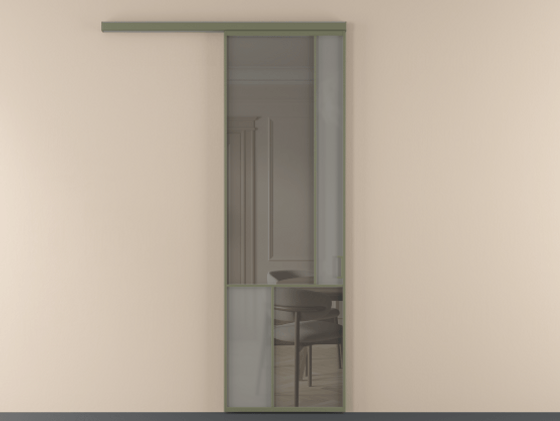 Перегородка Mosaic вдоль стены 1 створка АЛПР 041.21 Алюминий оливковый тёмный Сатинированное серое стекло, триплекс, 6 мм + Прозрачное серое стекло, триплекс Цена 143880 ₽ | Volhovec