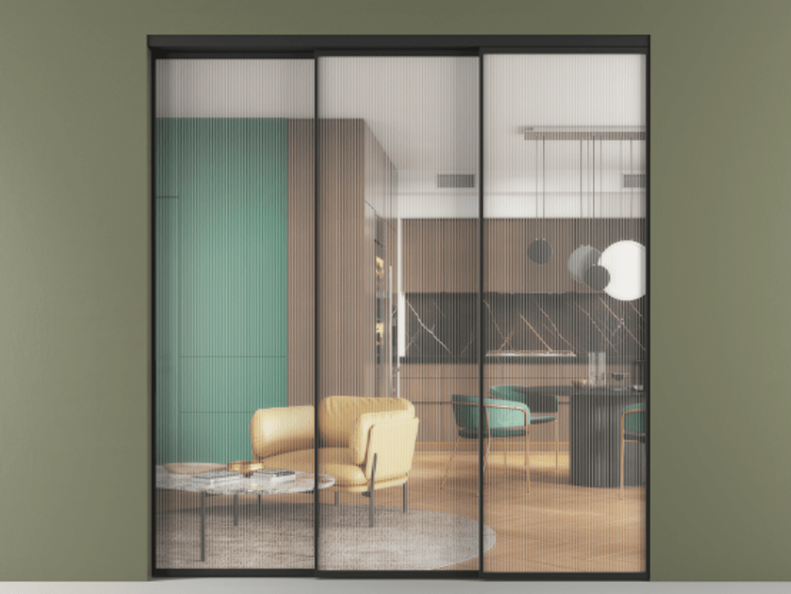 Перегородка Формато внутри проёма 3 створки с синхронным механизмом АЛПР 040.01 Алюминий Черный Рифлёное стекло "Мору", триплекс Цена 352090 ₽  | Volhovec