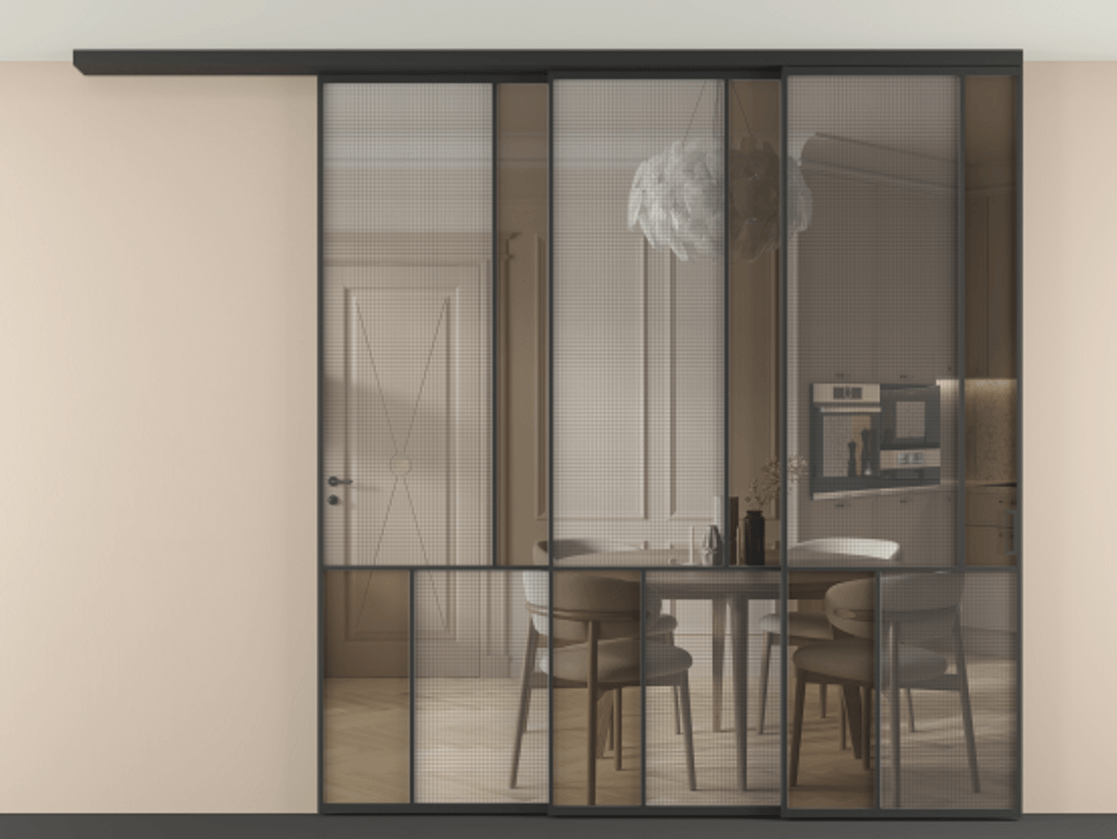 Перегородка Mosaic вдоль стены на потолок 3 створки с синхронным механизмом АЛПР 041.21 Алюминий Черный Декоративное стекло с сеткой "Mesh silver", триплекс, 6 мм + Прозрачное бронзовое стекло, триплекс Цена 517310 ₽ | Volhovec