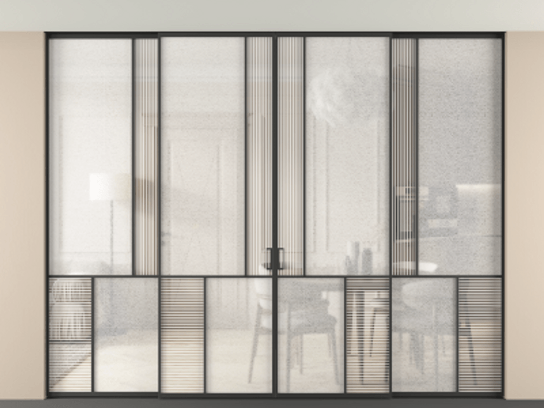 Перегородка Mosaic внутри проёма скрытое крепление в потолок 4 створки АЛПР 041.20 Алюминий Черный Рифлёное стекло "Дюна", триплекс, 6 мм + Фактурное стекло "Лёд", триплекс Цена 636450 ₽ | Volhovec