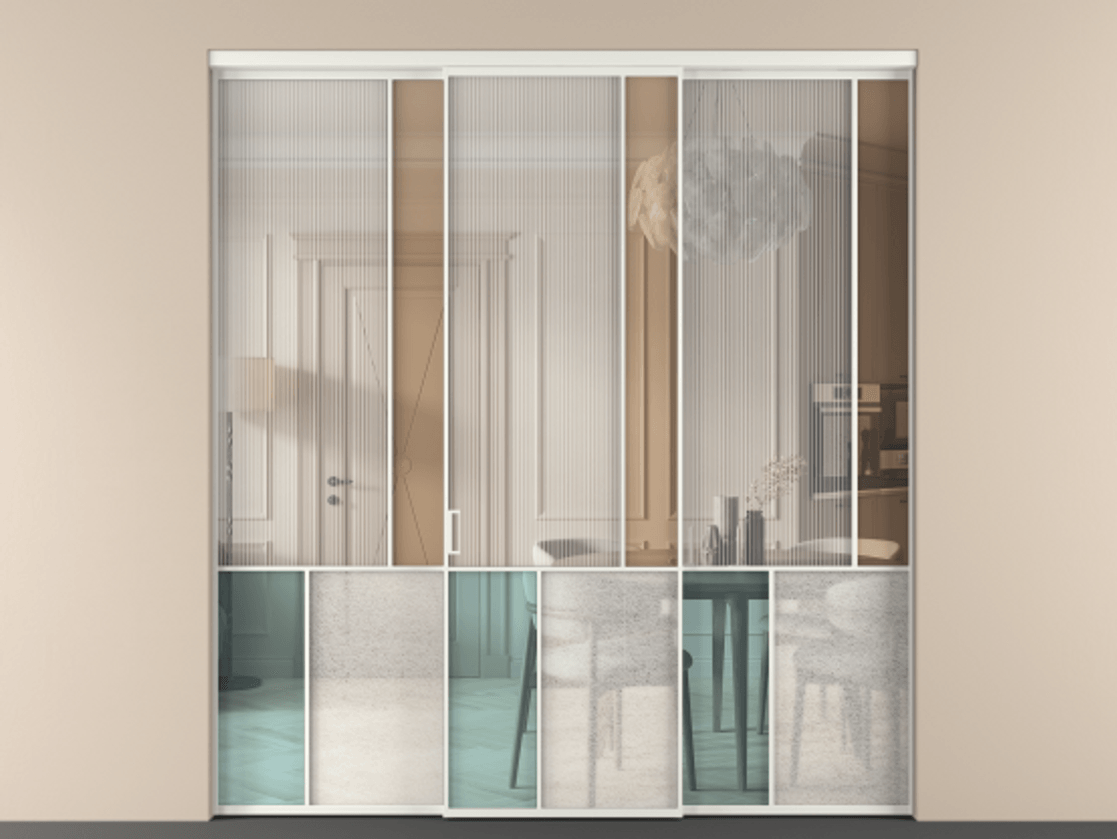 Перегородка Mosaic внутри проёма 3 створки АЛПР 041.21 Алюминий светло-серый Комбинация стекол Группы 1 и Группы 3 Цена 18700 AZE | Volhovec