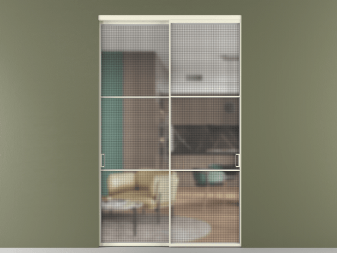 Перегородка Formato внутри проёма 2 створки АЛПР 040.03 Алюминий молочно-белый Декоративное стекло с сеткой "Mesh silver", триплекс Цена 502220 ₽  | Volhovec