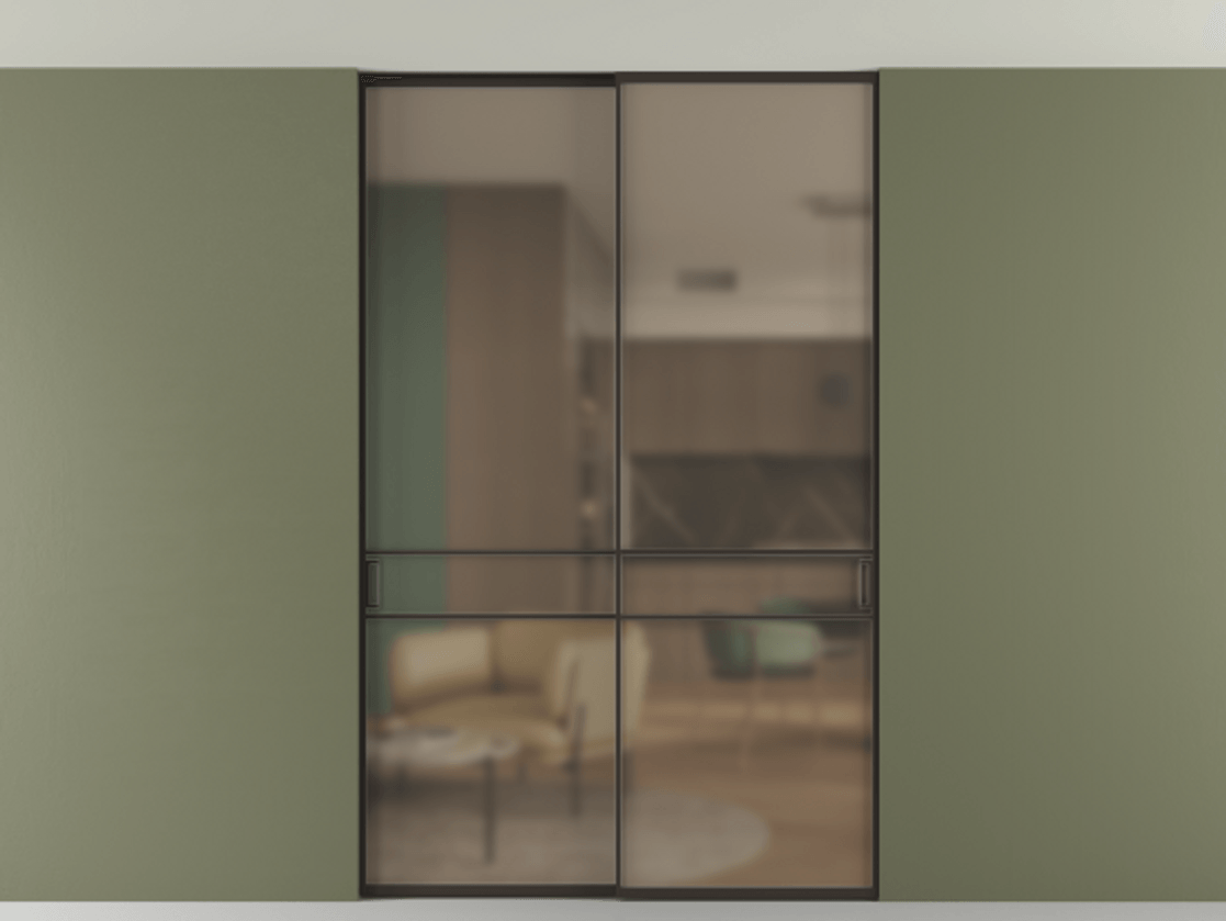 Перегородка Формато внутри проёма скрытое крепление в потолок 2 створки АЛПР 040.02 Алюминий антрацит Сатинированное бронзовое стекло, триплекс Цена 269300 ₽ | Volhovec