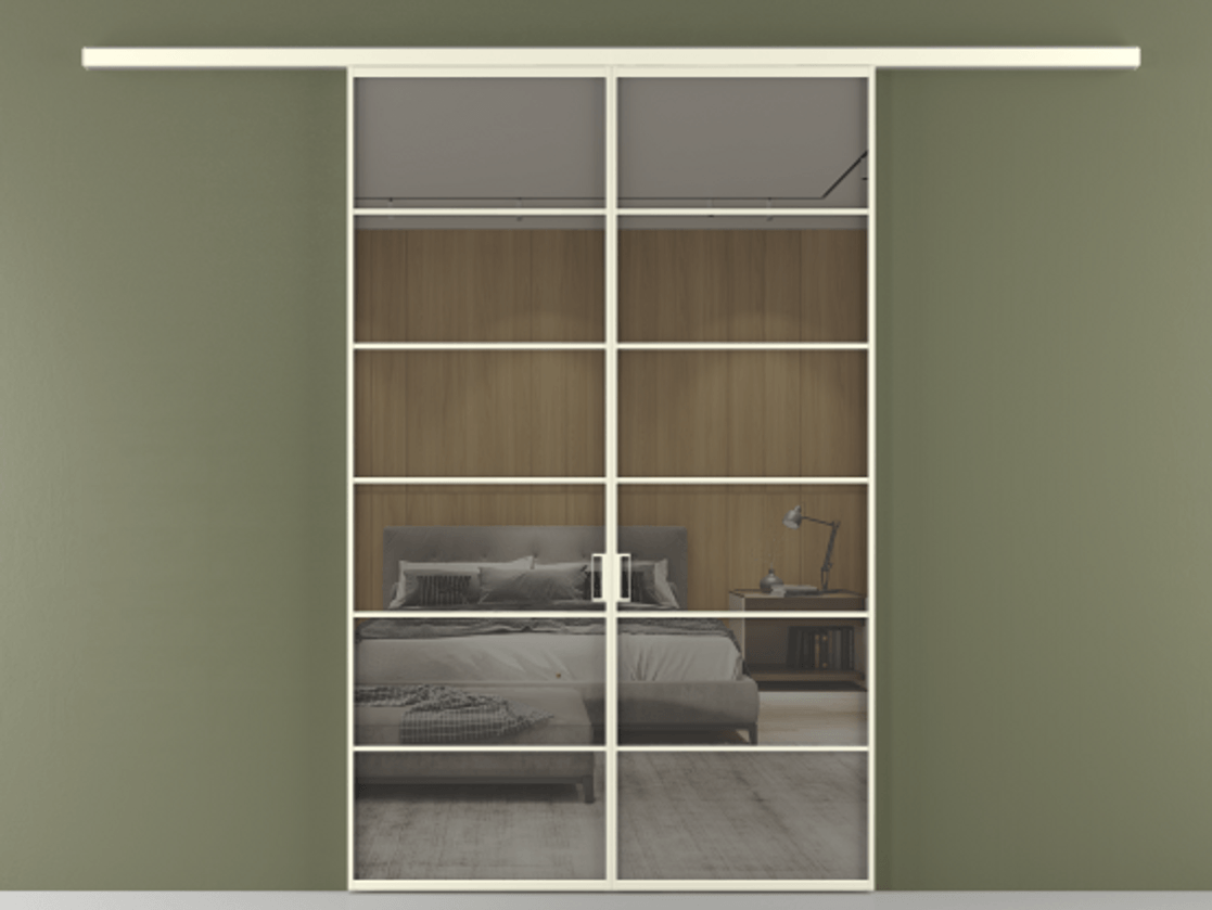 Перегородка Formato вдоль стены 2 створки АЛПР 040.04 Алюминий молочно-белый Рефлективное серое стекло "Stopsol", калёное Цена 277830 ₽ | Volhovec