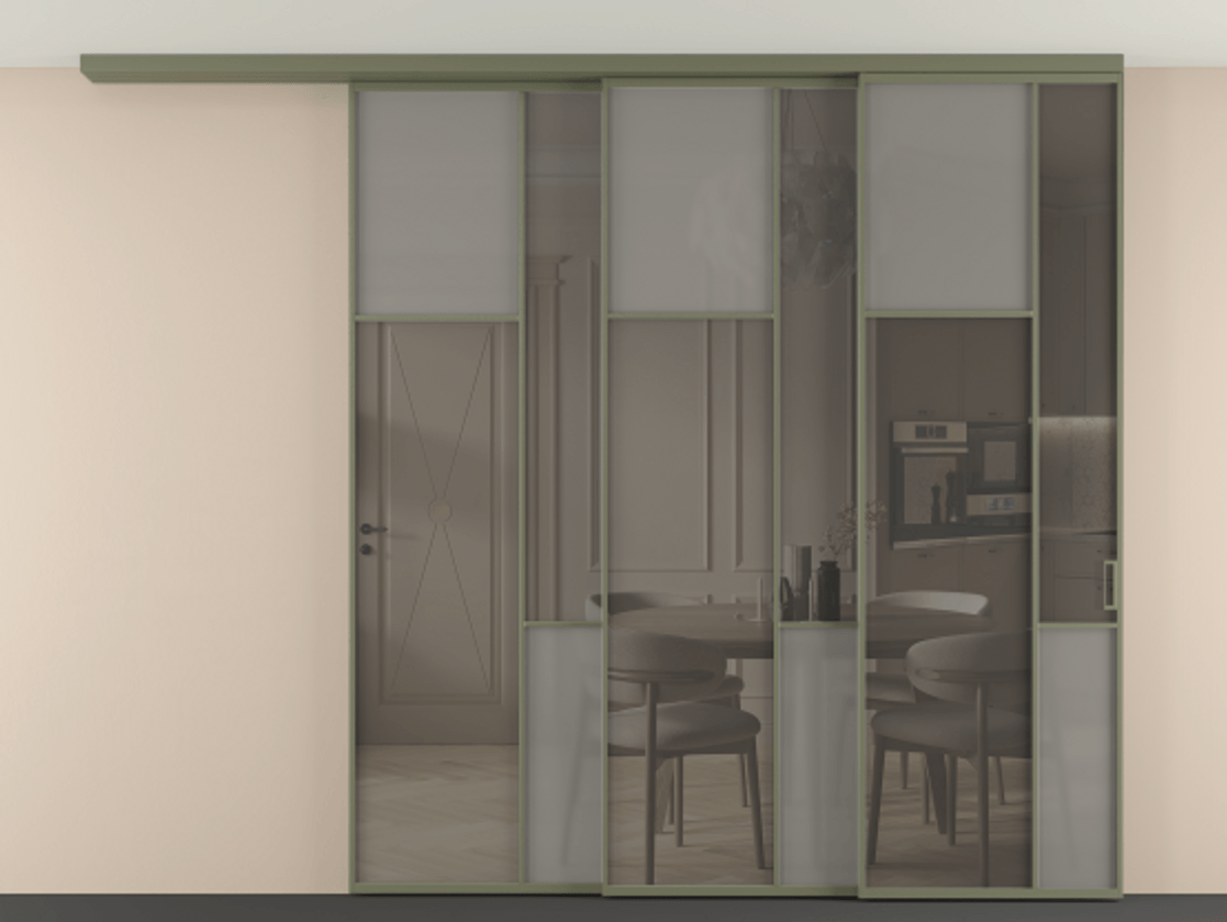 Перегородка Mosaic вдоль стены на потолок 3 створки с синхронным механизмом АЛПР 041.10 Алюминий оливковый тёмный Сатинированное серое стекло, триплекс, 6 мм + Прозрачное серое стекло, триплекс Цена 523450 ₽ | Volhovec