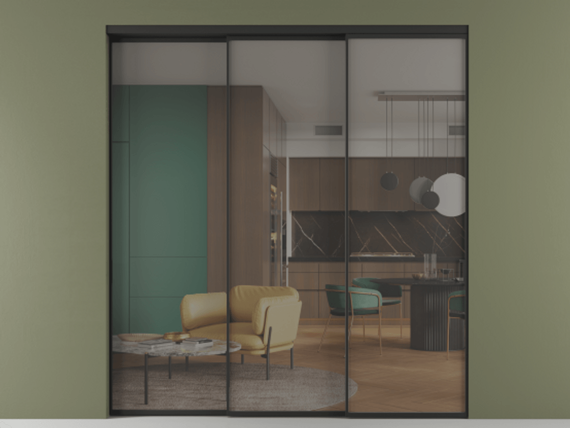 Перегородка Formato внутри проёма телескопик синхро 2 АЛПР 040.01 Алюминий Черный Прозрачное серое стекло, триплекс, 6 мм. Скрытый короб ЧЕР Цена 298000 ₽ 1. Полотно 3 шт.  (800/2100 мм)
2. Комплект установки раздвижной системы
3. Базовый комплект фурнитуры
4. Комплект фурнитуры телескопик синхро-2
5.Ручка RONDO
. Фабрика дверей Волховец 8 (800) 551 43 19  Перегородка Formato внутри проёма телескопик синхро 2 АЛПР 040.01 Алюминий Черный Прозрачное серое стекло, триплекс, 6 мм Цена 298000 ₽  | Volhovec