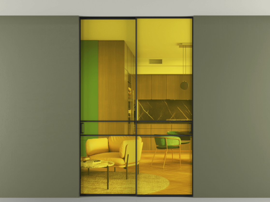 Перегородка Формато внутри проёма скрытое крепление в потолок 2 створки АЛПР 040.02 Алюминий Черный Прозрачное жёлтое стекло, триплекс Цена 262650 ₽ | Volhovec