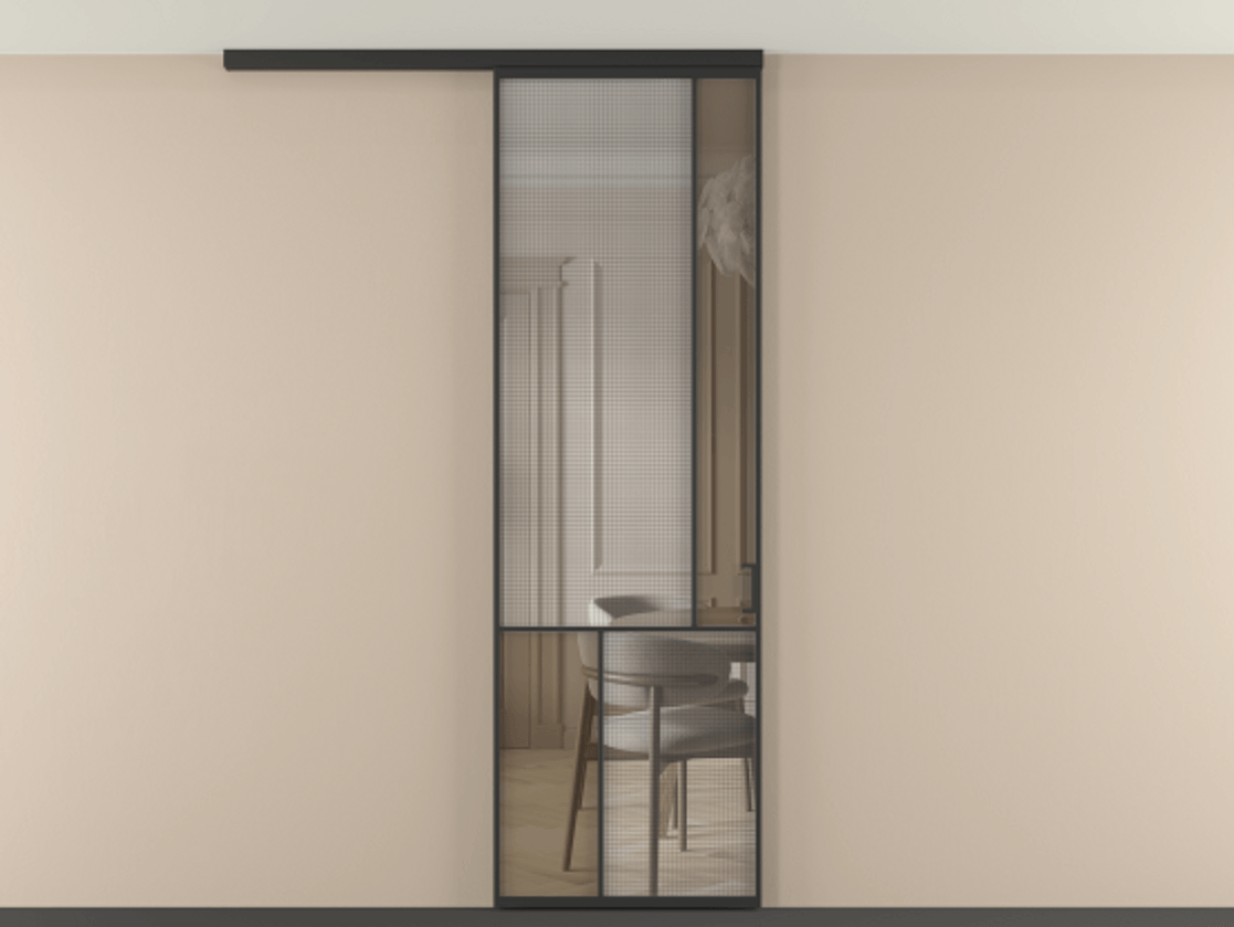 Перегородка Mosaic вдоль стены на потолок 1 створка АЛПР 041.21 Алюминий Черный Декоративное стекло с сеткой "Mesh silver", триплекс, 6 мм + Прозрачное бронзовое стекло, триплекс Цена 142340 ₽ | Volhovec