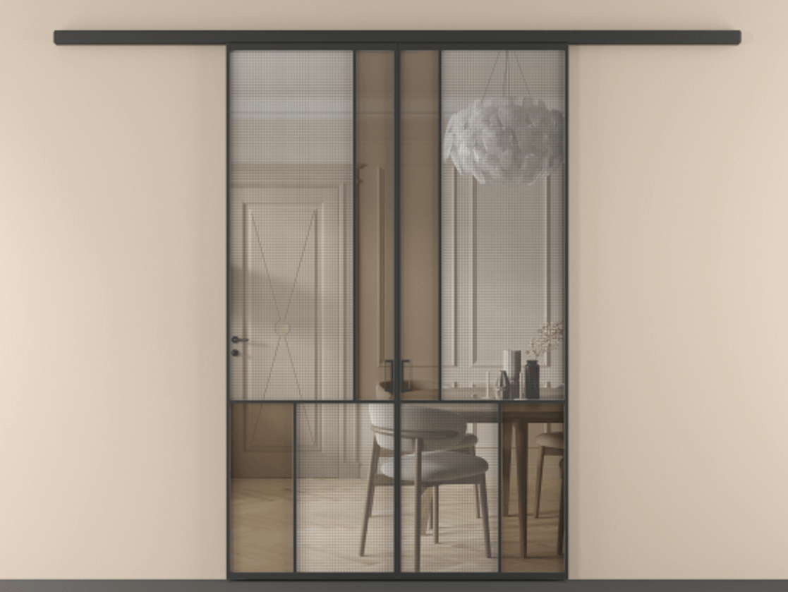 Перегородка Mosaic вдоль стены 2 створки АЛПР 041.20 Алюминий Черный Декоративное стекло с сеткой "Mesh silver", триплекс, 6 мм + Прозрачное бронзовое стекло, триплекс. Скрытый короб ЧЕР Цена 279380 ₽ . Фабрика дверей Волховец 8 (800) 551 43 19 Перегородка Mosaic вдоль стены 2 створки АЛПР 041.20 Алюминий Черный Декоративное стекло с сеткой "Mesh silver", триплекс, 6 мм + Прозрачное бронзовое стекло, триплекс Цена 279380 ₽ | Volhovec