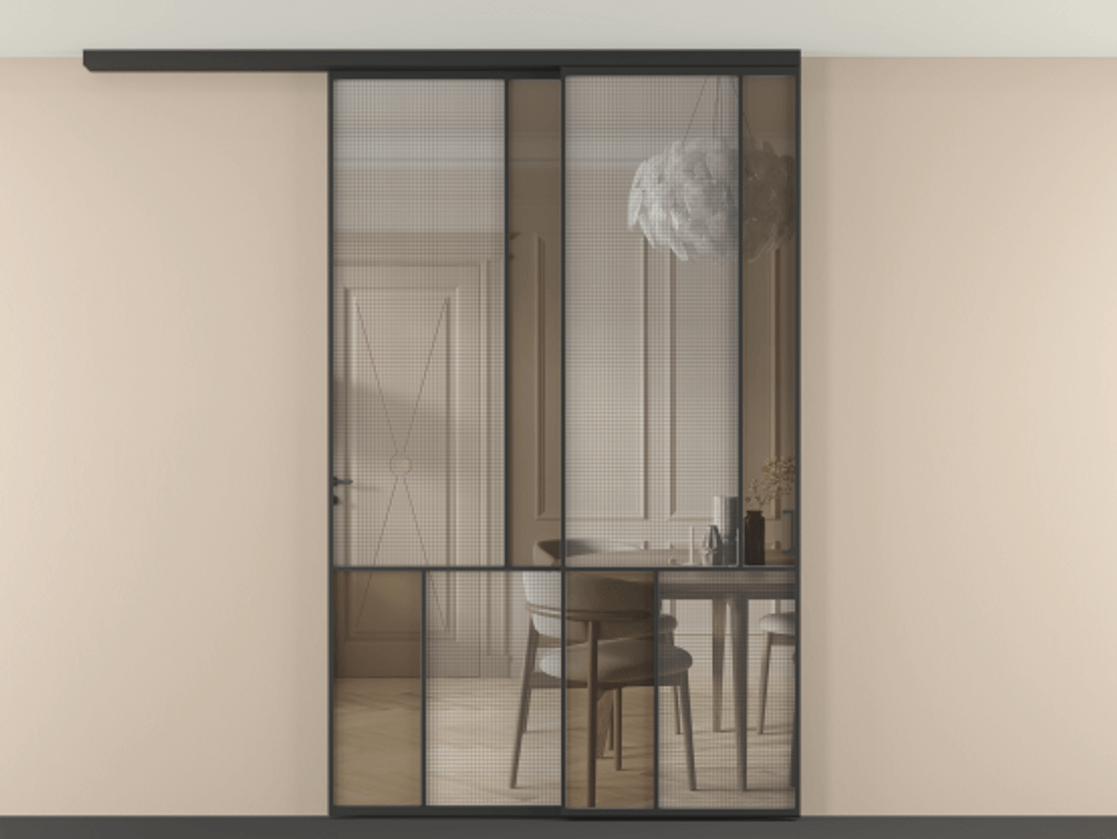 Перегородка Mosaic вдоль стены на потолок 2 створки с синхронным механизмом АЛПР 041.21 Алюминий Черный Декоративное стекло с сеткой "Mesh silver", триплекс, 6 мм + Прозрачное бронзовое стекло, триплекс Цена 358600 ₽ | Volhovec