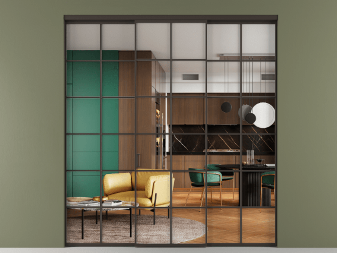 Перегородка Formato внутри проёма 3 створки АЛПР 040.05 Алюминий антрацит Прозрачное стекло "Crystal Vision", калёное Цена 358050 ₽ | Volhovec