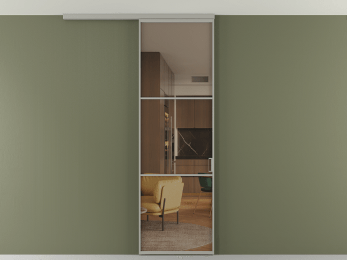 Перегородка Формато вдоль стены на потолок 1 створка АЛПР 040.03 Алюминий нейтральный серый Прозрачное бронзовое стекло, триплекс Цена 106040 ₽ | Volhovec