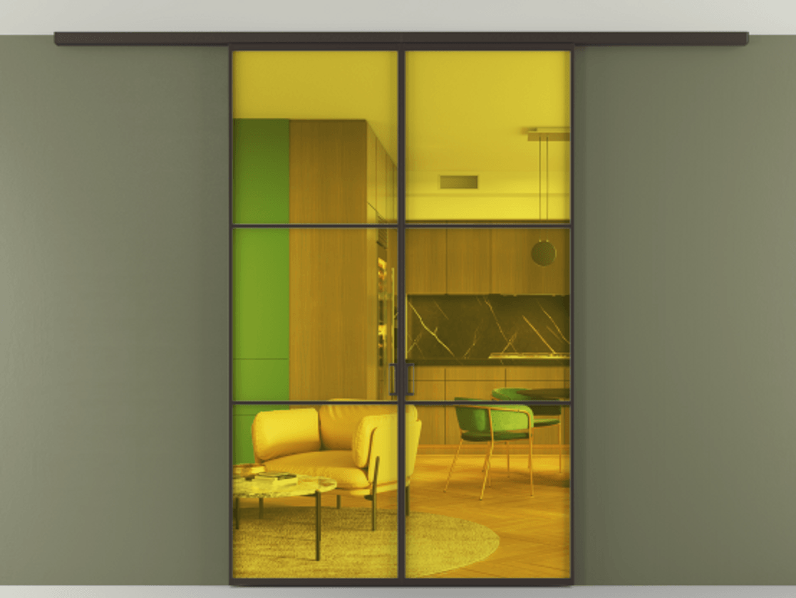 Перегородка Формато вдоль стены на потолок 2 створки АЛПР 040.03 Алюминий антрацит Прозрачное жёлтое стекло, триплекс Цена 204620 ₽ | Volhovec