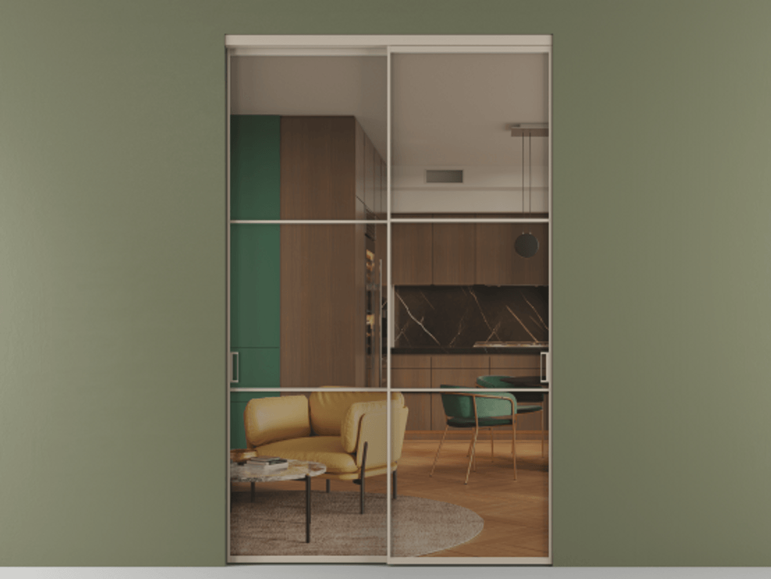 Перегородка Formato внутри проёма двустворчатая АЛПР 040.03 Алюминий бисквитный Прозрачное бронзовое стекло, триплекс, 6 мм.  Цена 177220 ₽ 1. Полотно 2 шт.  (800/2100 мм)
2. Комплект установки раздвижной системы
3. Базовый комплект фурнитуры
4.Ручка RONDO. Фабрика дверей Волховец 8 (800) 551 43 19  Перегородка Formato внутри проёма двустворчатая АЛПР 040.03 Алюминий бисквитный Прозрачное бронзовое стекло, триплекс, 6 мм Цена 177220 ₽  | Volhovec