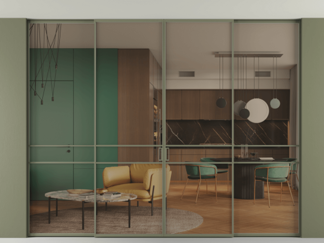 Перегородка Formato внутри проёма четырёхстворчатая со скрытым креплением в потолок АЛПР 040.02 Алюминий оливковый тёмный Прозрачное бронзовое стекло, триплекс, 6 мм.  Цена 452360 ₽ 1. Полотно 4 шт. (800/2100 мм)
 2. Комплект установки раздвижной системы
 3. Базовый комплект фурнитуры
4.Ручка RONDO. Фабрика дверей Волховец 8 (800) 551 43 19  Перегородка Formato внутри проёма четырёхстворчатая со скрытым креплением в потолок АЛПР 040.02 Алюминий оливковый тёмный Прозрачное бронзовое стекло, триплекс, 6 мм Цена 452360 ₽ | Volhovec