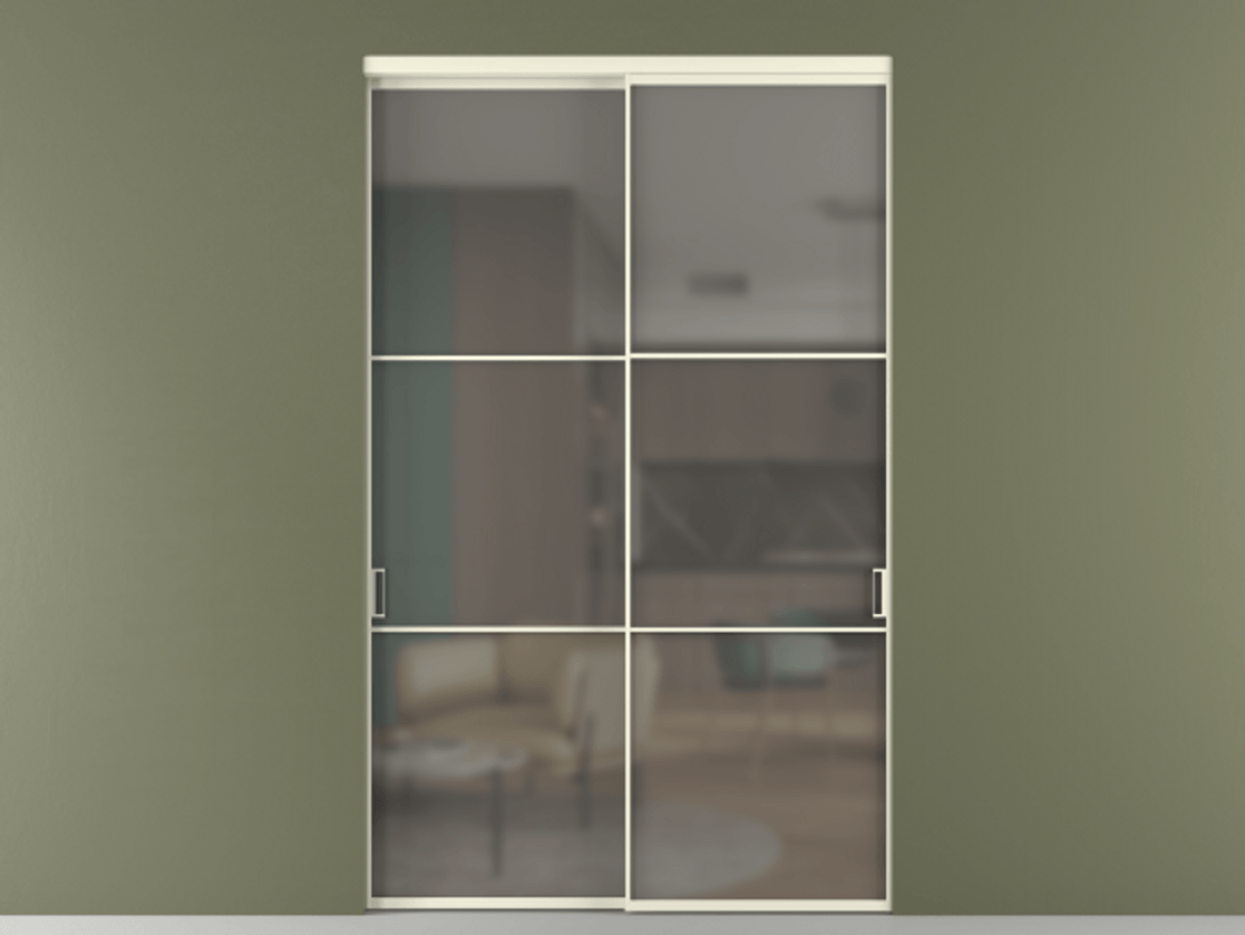 Перегородка Формато внутри проёма 2 створки АЛПР 040.03 Алюминий молочно-белый Сатинированное серое стекло, триплекс Цена 453870 ₽  | Volhovec