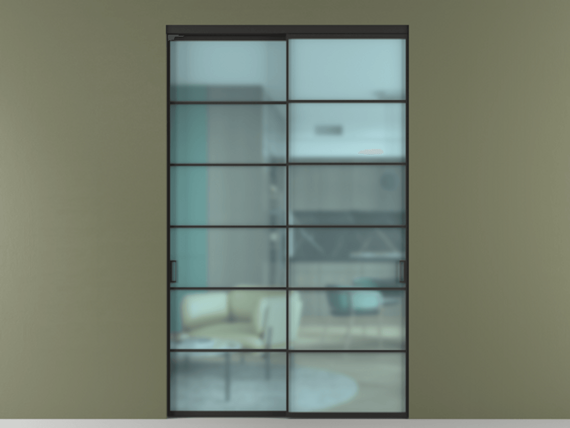 Перегородка Formato внутри проёма двустворчатая АЛПР 040.04 Алюминий Черный Сатинированное голубое стекло, триплекс, 6мм Цена 203400 ₽  | Volhovec