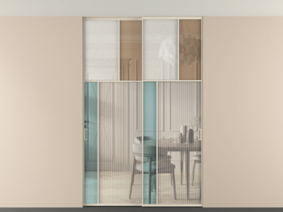 Перегородка Mosaic внутри проёма скрытое крепление в потолок 2 створки АЛПР 041.22 Алюминий бежево-серый Комбинация стекол Группы 1 и Группы 3 Цена 17500 AZE | Volhovec