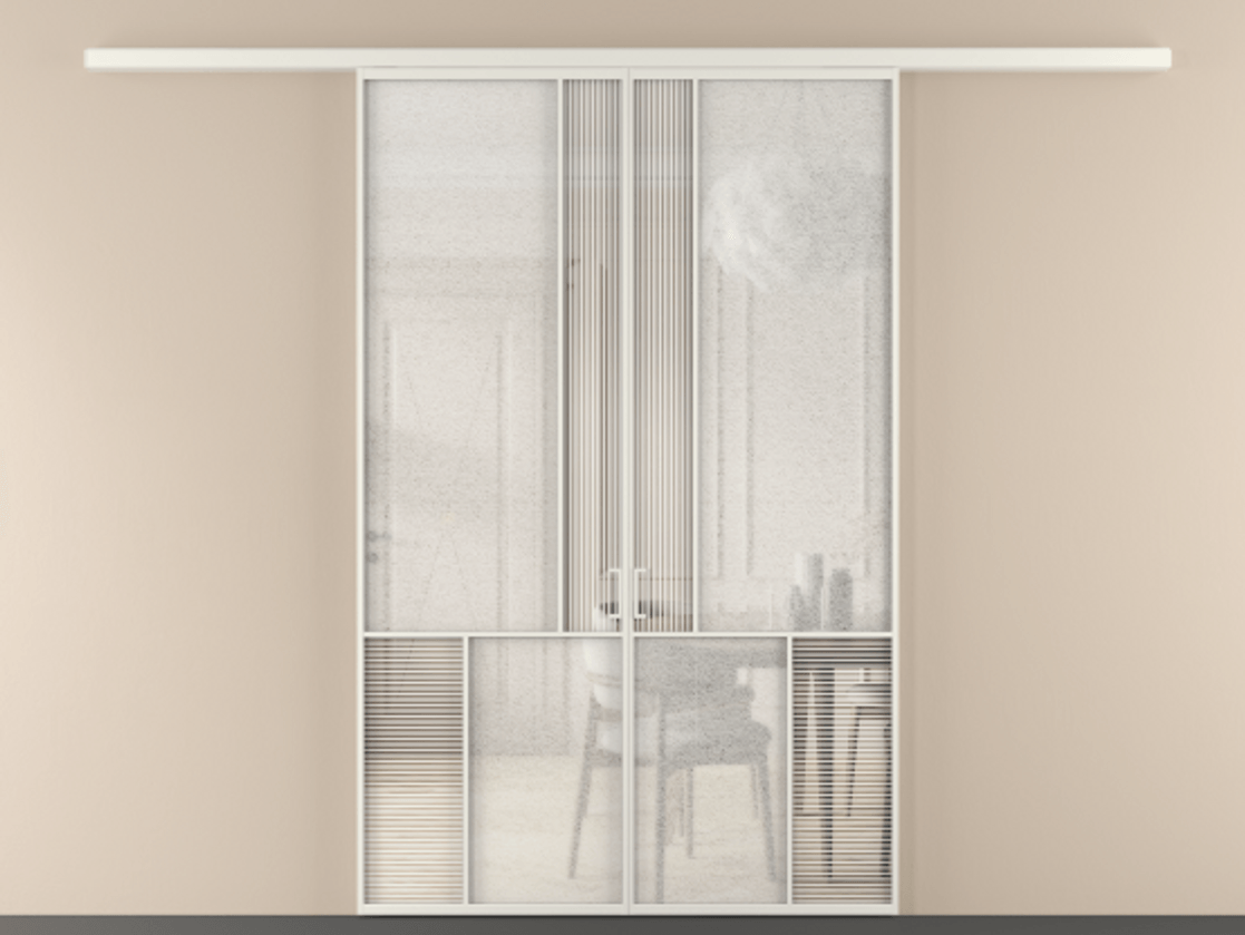 Перегородка Mosaic вдоль стены 2 створки АЛПР 041.20 Алюминий Белый Рифлёное стекло "Дюна", триплекс, 6 мм + Фактурное стекло "Лёд", триплекс Цена 283580 ₽ | Volhovec