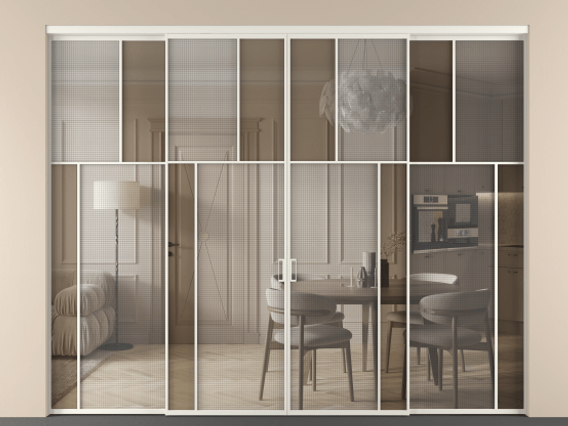 Перегородка Mosaic внутри проёма четырёхстворчатая АЛПР 041.23 Алюминий Белый Декоративное стекло с сеткой "Mesh silver", триплекс, 6 мм + Прозрачное бронзовое стекло, триплекс, 6 мм. Скрытый короб БЕЛ Цена 462760 ₽ . Фабрика дверей Волховец 8 (800) 551 43 19  Перегородка Mosaic внутри проёма четырёхстворчатая АЛПР 041.23 Алюминий Белый Декоративное стекло с сеткой "Mesh silver", триплекс, 6 мм + Прозрачное бронзовое стекло, триплекс, 6 мм Цена 462760 ₽ | Volhovec