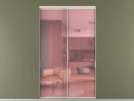 Алюминевая перегородка vn2_01_ Алюминий бежево-серый Сатинированное розовое стекло, триплекс, 6мм. Цвет Алюминий бежево-серый. Материал Алюминий в эмали. Коллекция Перегородка Formato внутри проёма 2 створки. Картинка.