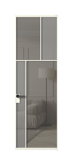 Дверь межкомнатная АЛПЛ041.22 АЖМ Серый сатин матовое + Серый прозрачное. Цвет Алюминий жемчужный. Материал Алюминий в эмали. Коллекция Mosaic. Картинка.