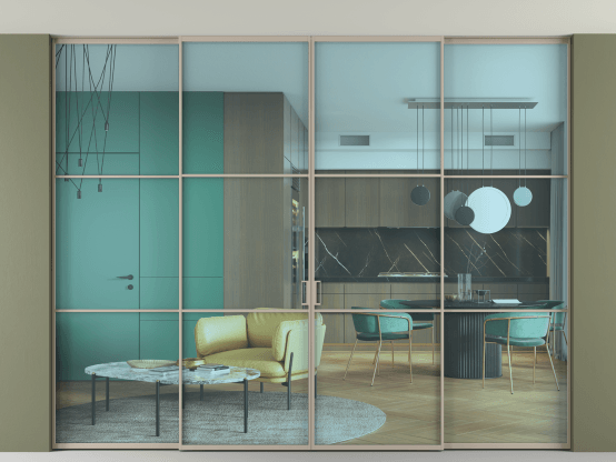 Алюминевая перегородка АЛПР 040.03_АБСК_ПРОЗ ГОЛ_new. Цвет Алюминий бисквитный. Материал Алюминий в эмали. Коллекция Перегородка Формато внутри проёма скрытое крепление в потолок 4 створки. Картинка.