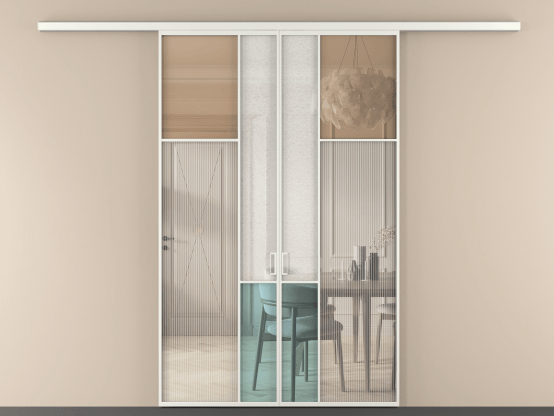 Алюминевая перегородка vd2_7 Алюминий светло-серый Четыре стекла. Цвет Алюминий светло-серый. Материал Алюминий в эмали. Коллекция Перегородка Mosaic вдоль стены 2 створки. Картинка.