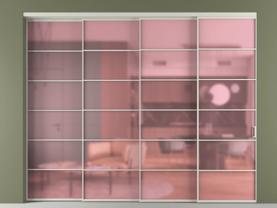 Алюминевая перегородка vn4_04_ Алюминий тёплый серый Сатинированное розовое стекло, триплекс, 6мм. Цвет Алюминий тёплый серый. Материал Алюминий в эмали. Коллекция Перегородка Formato внутри проёма 4 створки с синхронным механизмом. Картинка.