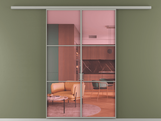 Алюминевая перегородка АЛПР 040.03_АНСР_ПРОЗ РОЗ_new. Цвет Алюминий нейтральный серый. Материал Алюминий в эмали. Коллекция Перегородка Формато вдоль стены 2 створки. Картинка.