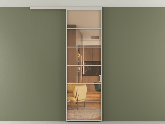 Алюминевая перегородка АЛПР 040.04_АСБЖ_ПРОЗ ОРАНЖ_new. Цвет Алюминий светло-бежевый. Материал Алюминий в эмали. Коллекция Перегородка Формато вдоль стены на потолок 1 створка. Картинка.