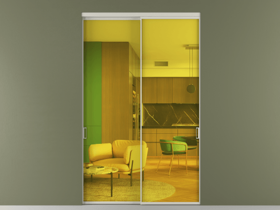 Алюминевая перегородка vn2_01_ Алюминий тёплый серый Прозрачное жёлтое стекло, триплекс, 6мм. Цвет Алюминий тёплый серый. Материал Алюминий в эмали. Коллекция Перегородка Formato внутри проёма 2 створки. Картинка.