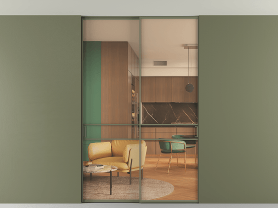 Алюминевая перегородка АЛПР 040.02_АОТ_ПРОЗ ОРАНЖ_new. Цвет Алюминий оливковый тёмный. Материал Алюминий в эмали. Коллекция Перегородка Формато внутри проёма скрытое крепление в потолок 2 створки. Картинка.