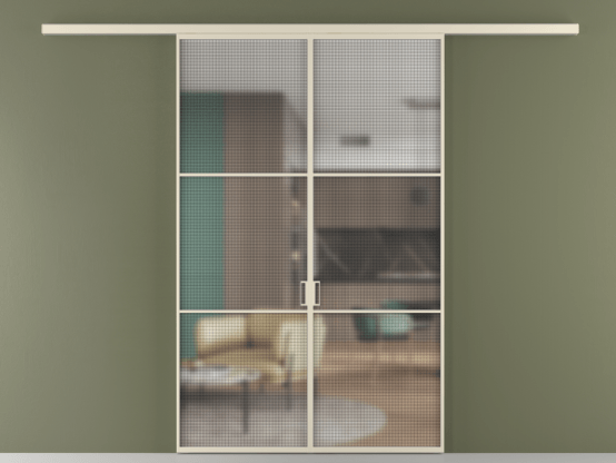 Алюминевая перегородка vd2_03_ Алюминий бежево-серый Mesh silver. Цвет Алюминий бежево-серый. Материал Алюминий в эмали. Коллекция Перегородка Formato вдоль стены 2 створки. Картинка.