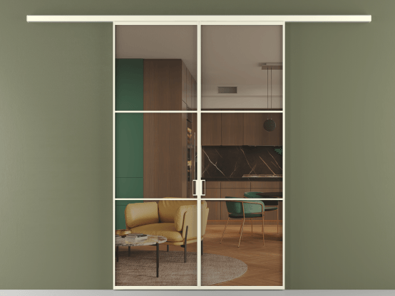 Алюминевая перегородка АЛПР 040.03_АМБ_Бронза триплекс_new. Цвет Алюминий молочно-белый. Материал Алюминий в эмали. Коллекция Перегородка Formato вдоль стены 2 створки. Картинка.