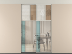 Алюминевая перегородка vntp2_4 Алюминий тёплый серый Четыре стекла. Цвет Алюминий тёплый серый. Материал Алюминий в эмали. Коллекция Перегородка Mosaic внутри проёма скрытое крепление в потолок 2 створки. Картинка.